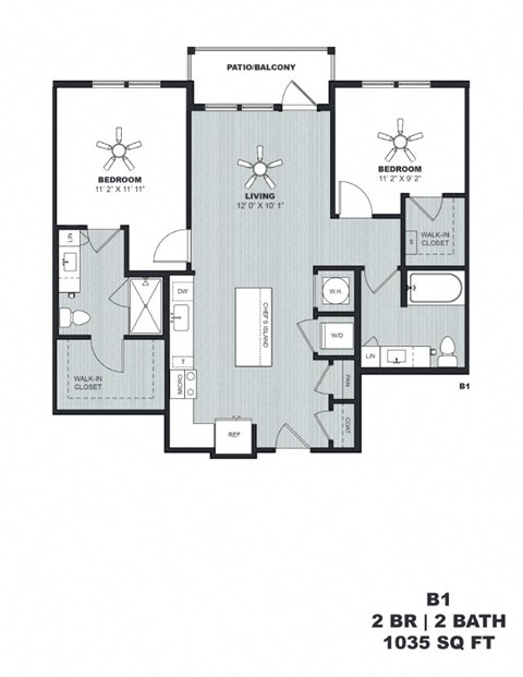 Floor plan for 2 beds, 2 baths, 1035 sqft